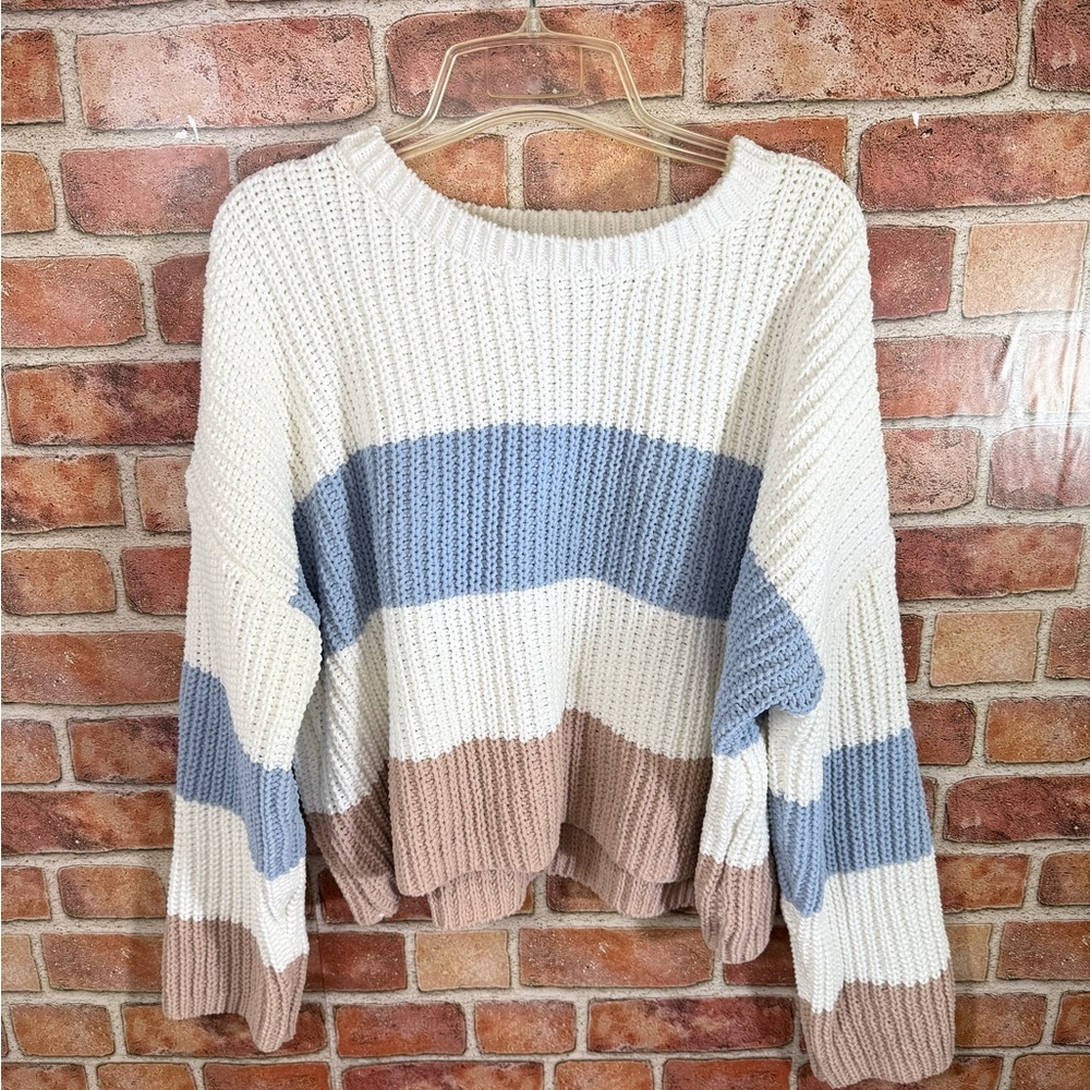 Colorblock soft girl slouchy oversized Knit Sweater - Cream, Blue, and Brown